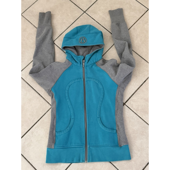 LULULEMON OASIS SCUBA HOODIE JACKET BLUE AND GRAY COLOR SIZE 8 PTP 18” - Picture 5 of 9